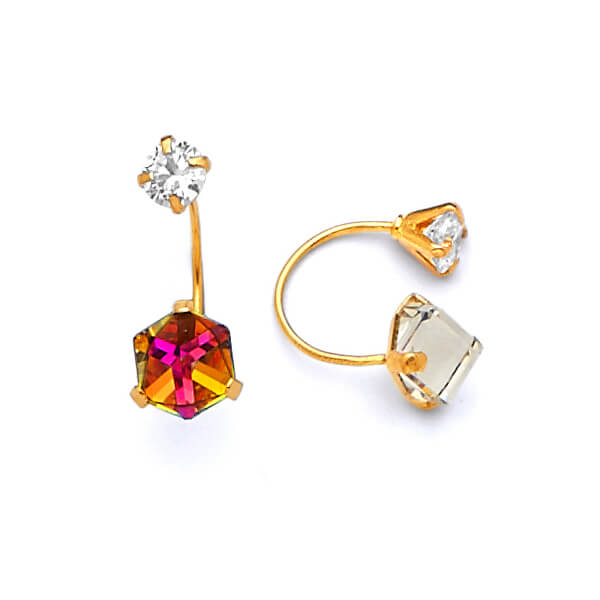 #25040 -  Telephone stud Earrings with White CZ and Moon Stone in 14K Gold
