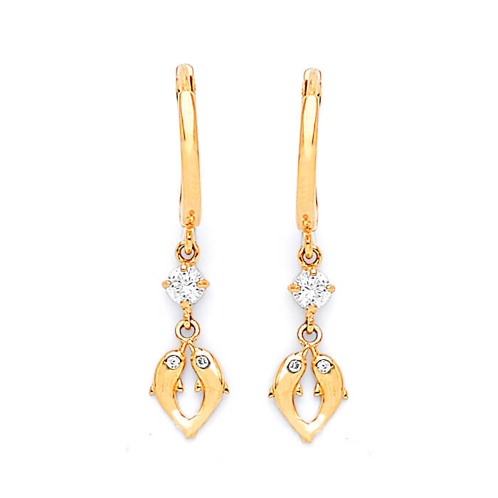 #25253 - Dolphin dangling Earrings with White CZ in 14K Gold
