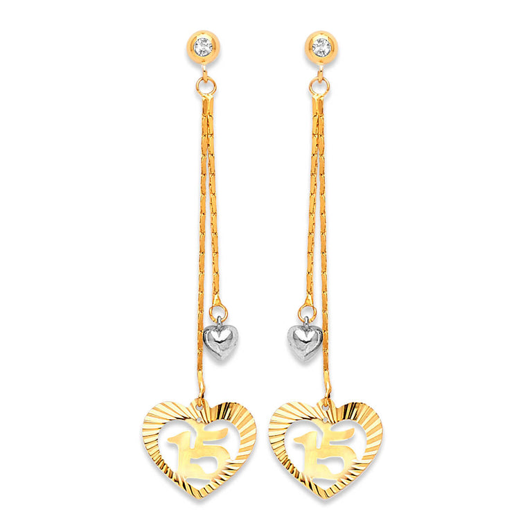 #25466 - Heart Tassel Earrings with White CZ in 14K Two-Tone Gold