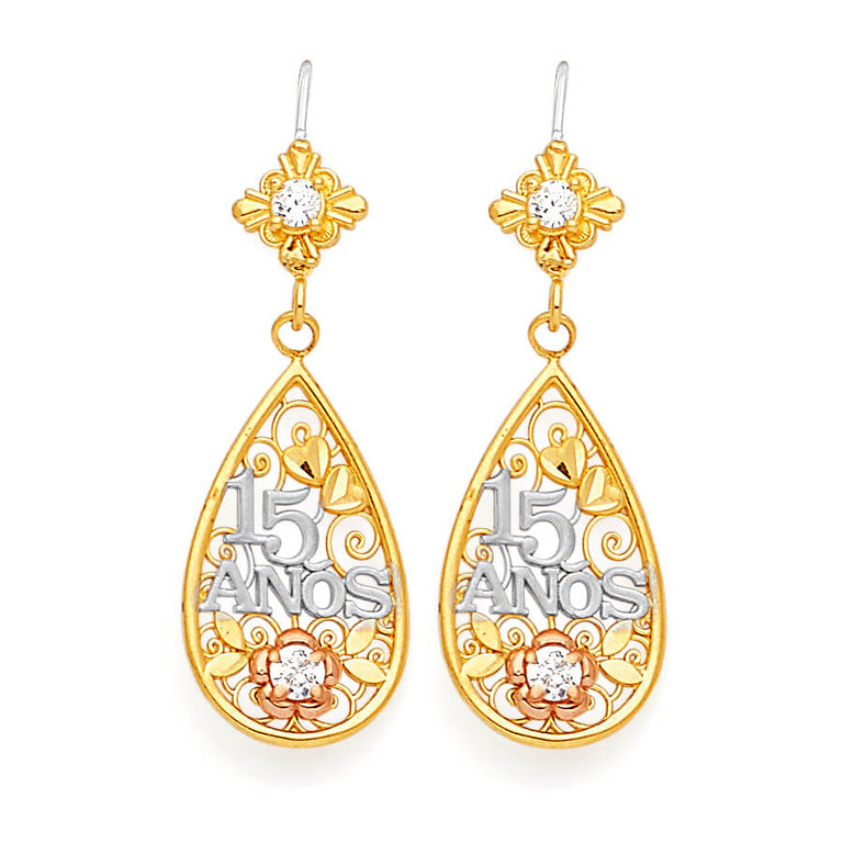 #25570 -  Drop Earrings with White CZ in 14K Tri-Color Gold