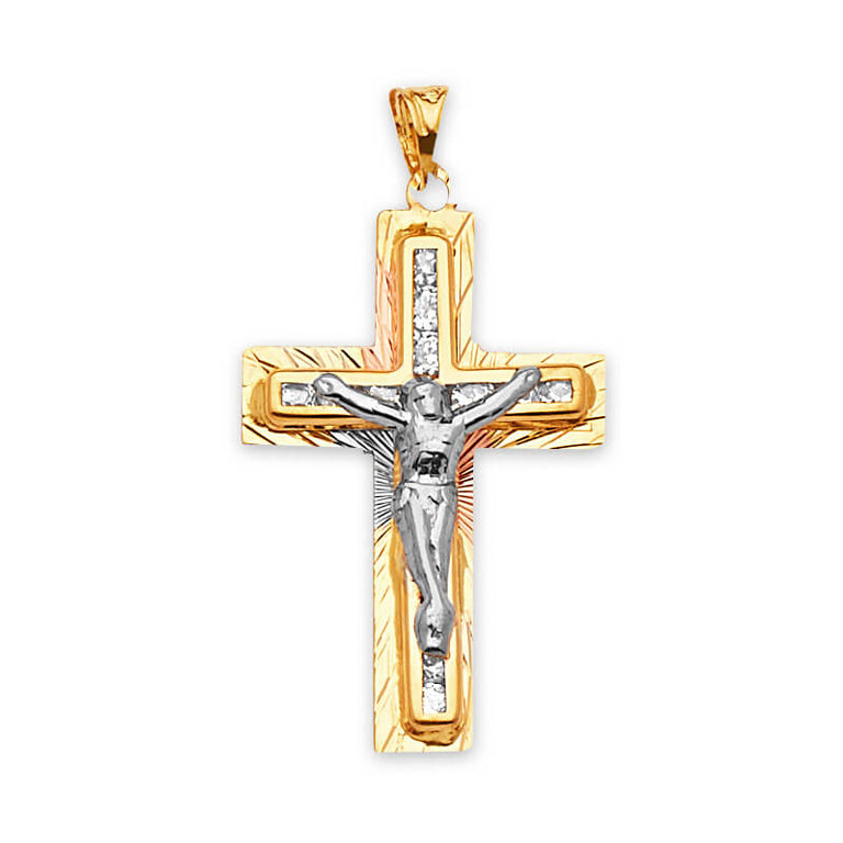#26406 - White CZ Crucifix Pendant in 14K Two-Tone Gold