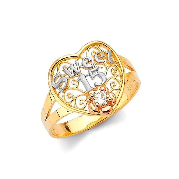#28134 - White CZ Heart Teens Ring in 14K Tri-Color Gold