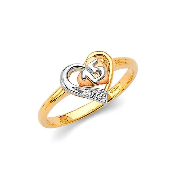 #28153 - White CZ Heart Teens Ring in 14K Tri-Color Gold