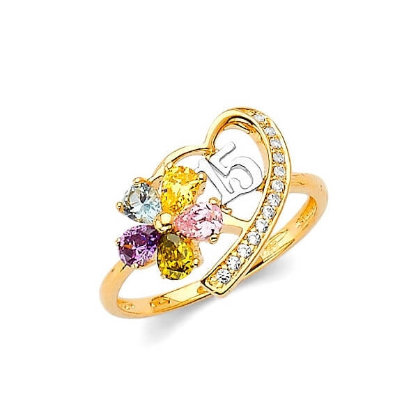 #28156 - Multi-Color CZ Heart Teens Ring in 14K Two-Tone Gold