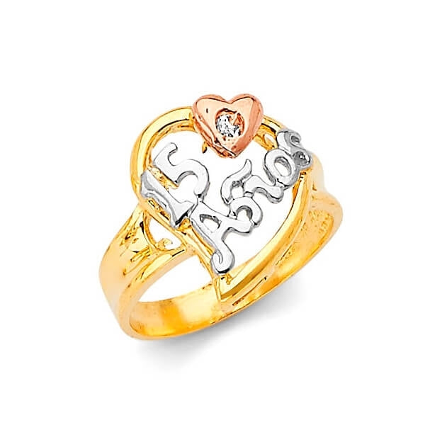 #28176 - White CZ Heart Teens Ring in 14K Tri-Color Gold