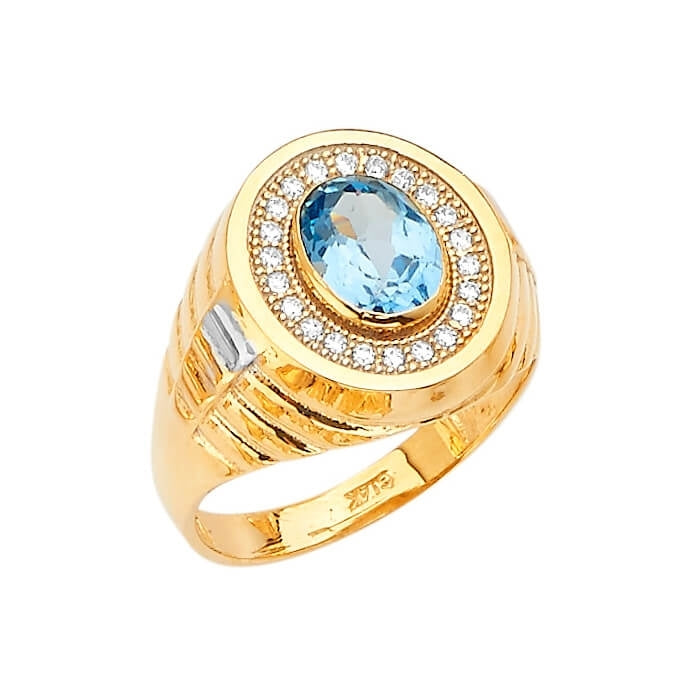#29699 - Blue & White CZ Center-Stone Mens Ring in 14K Two-Tone Gold