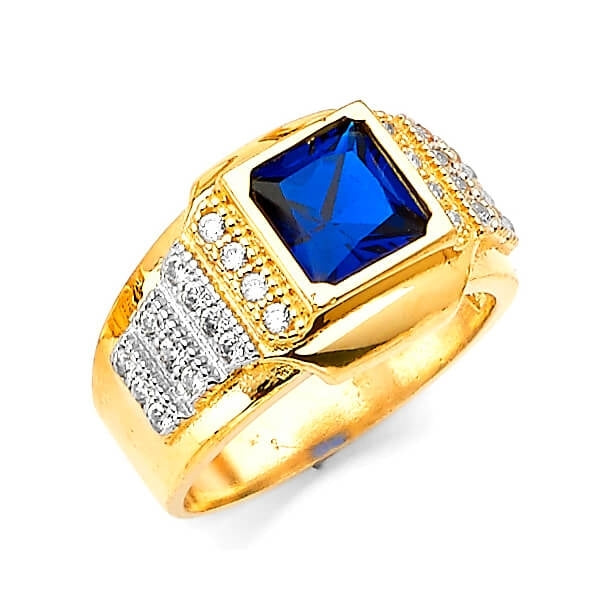 #29767 - Blue & White CZ Center-Stone Mens Ring in 14K Two-Tone Gold