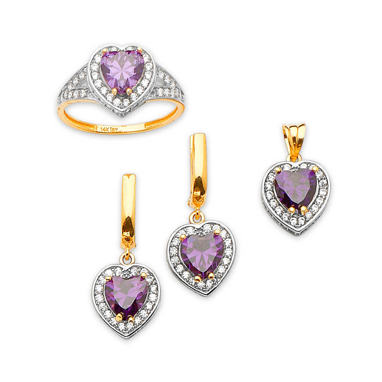#801005 - Purple & White CZ Heart Ladies Three-Piece Set in 14K Gold