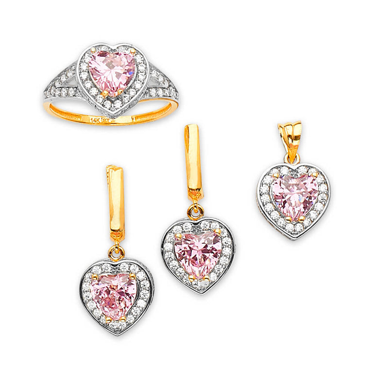 #801014 - Pink & White CZ Heart Ladies Three-Piece Set in 14K Gold