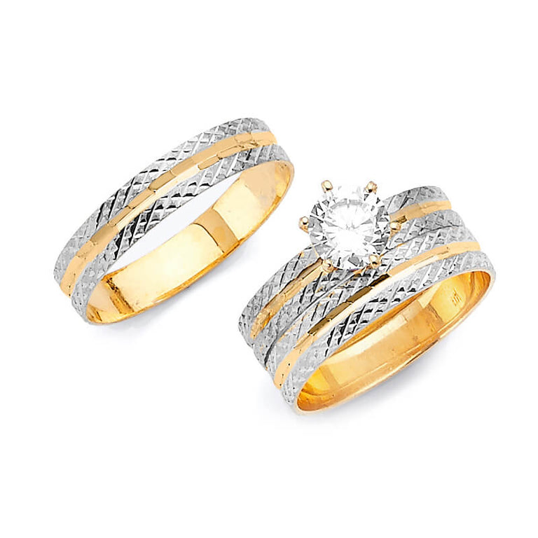 #80250 - White CZ Three-Piece Diamond-Cut Wedding Ring in 14K Two-Tone Gold