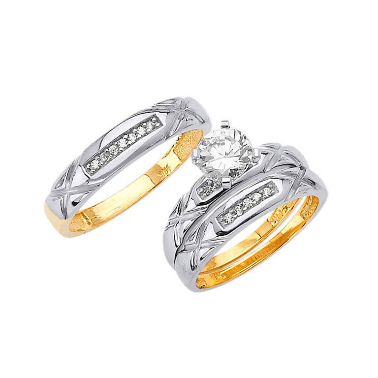 #80334 - White CZ Three-Piece High-Polish Wedding Ring in 14K Two-Tone Gold