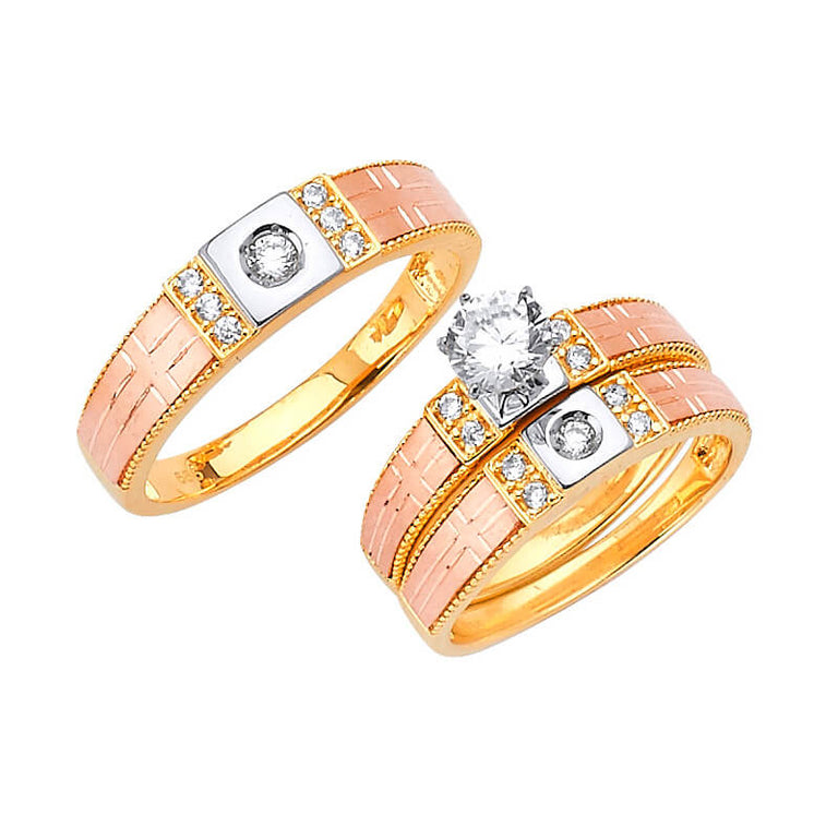 #80369 - White CZ Three-Piece Satin Wedding Ring in 14K Tri-Color Gold