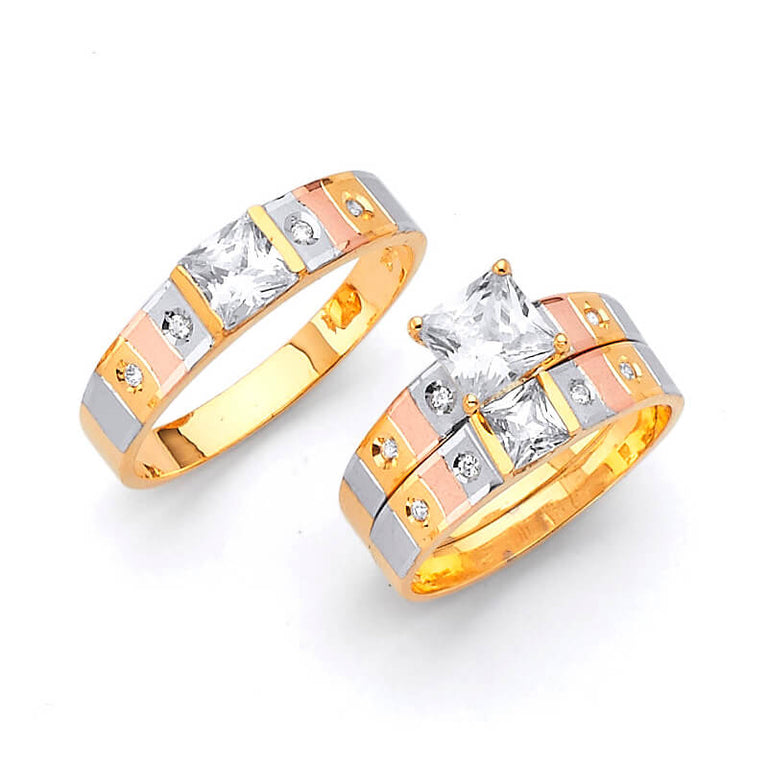 #80373 - White CZ Three-Piece Satin Wedding Ring in 14K Tri-Color Gold