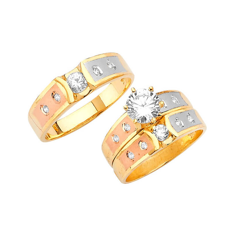 #80390 - White CZ Three-Piece Satin Wedding Ring in 14K Tri-Color Gold