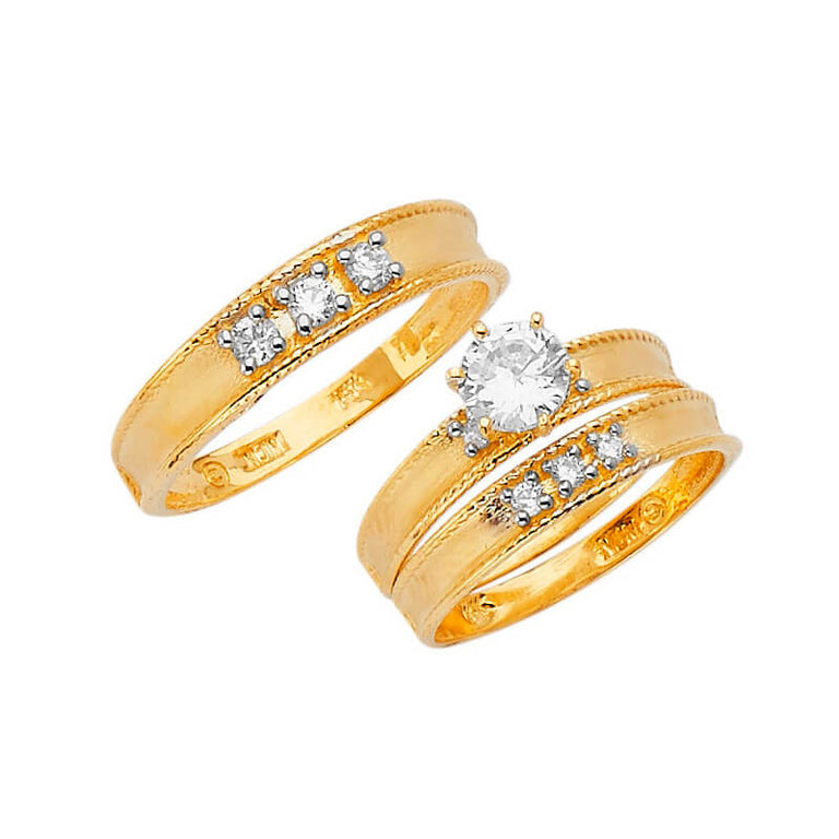 #80567 - White CZ Three-Piece Satin Wedding Ring in 14K Two-Tone Gold