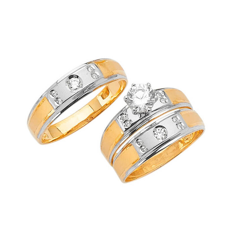 #80608 - White CZ Three-Piece High-Polish Wedding Ring in 14K Two-Tone Gold