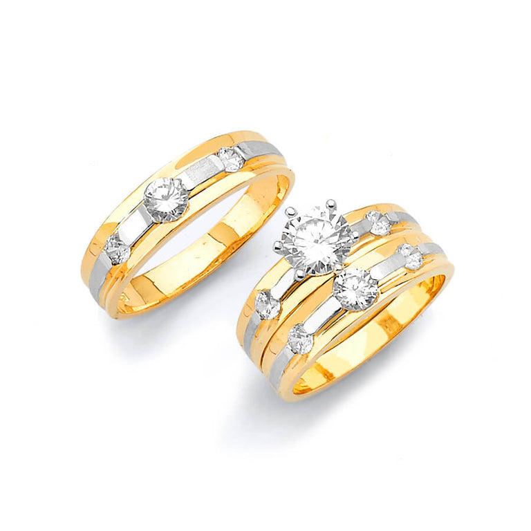 #80614 - White CZ Three-Piece High-Polish Wedding Ring in 14K Two-Tone Gold