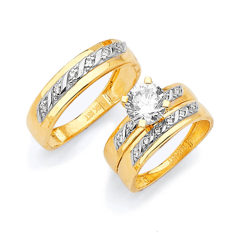 #80627 - White CZ Three-Piece High-Polish Wedding Ring in 14K Two-Tone Gold